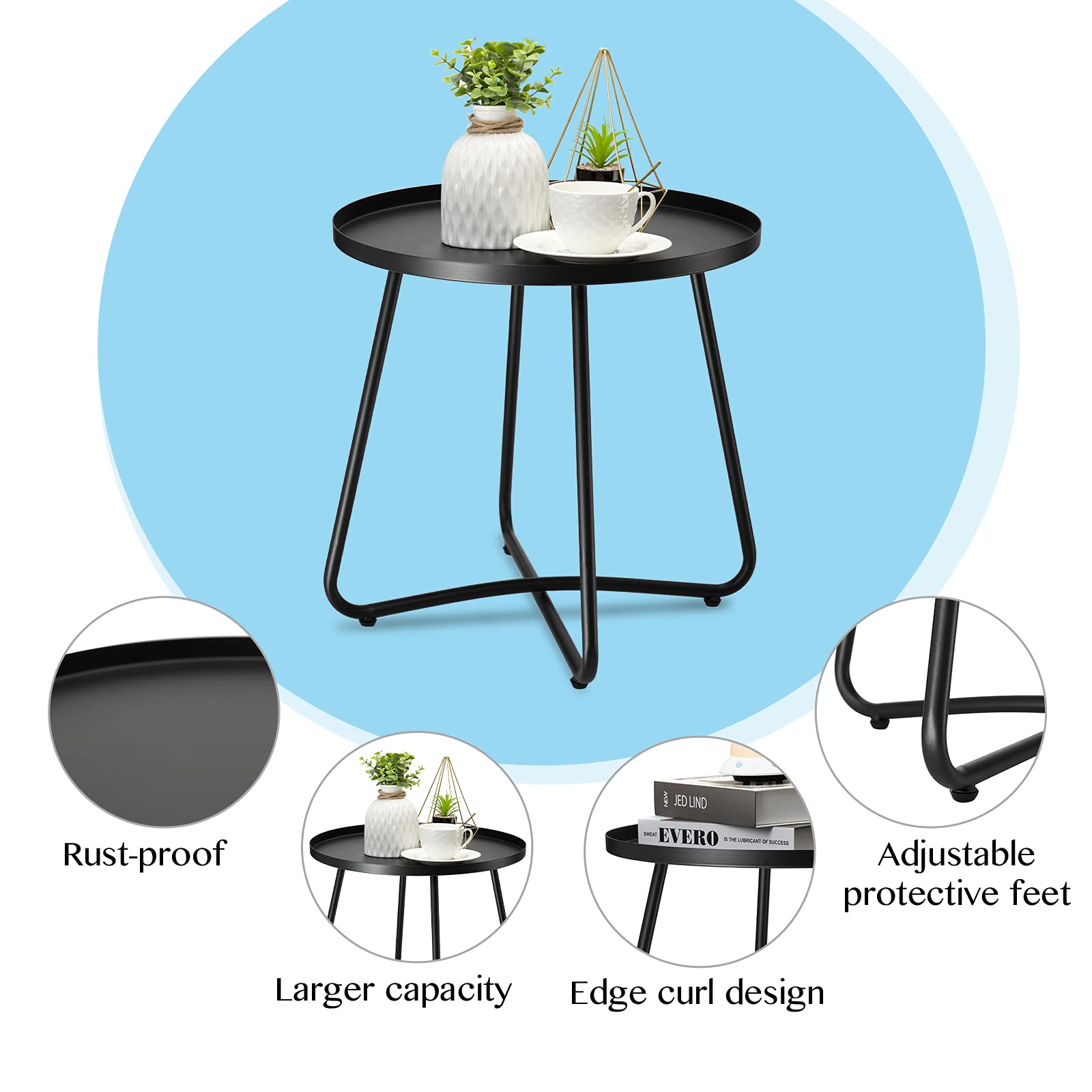 Danpinera side table features edge curl design to prevent items from slipping.