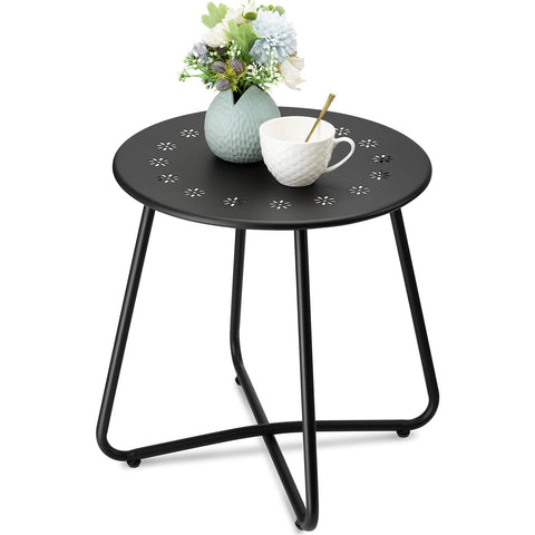 Danpinera outdoor side table with flower cut outs adds style to patio and holds a drink