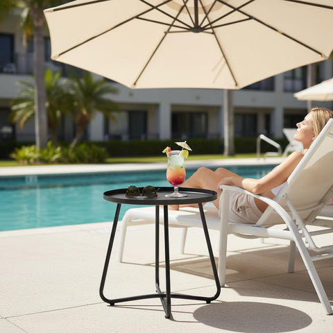 Danpinera outdoor side table with heavy-duty X-design keeps items secure on windy decks.