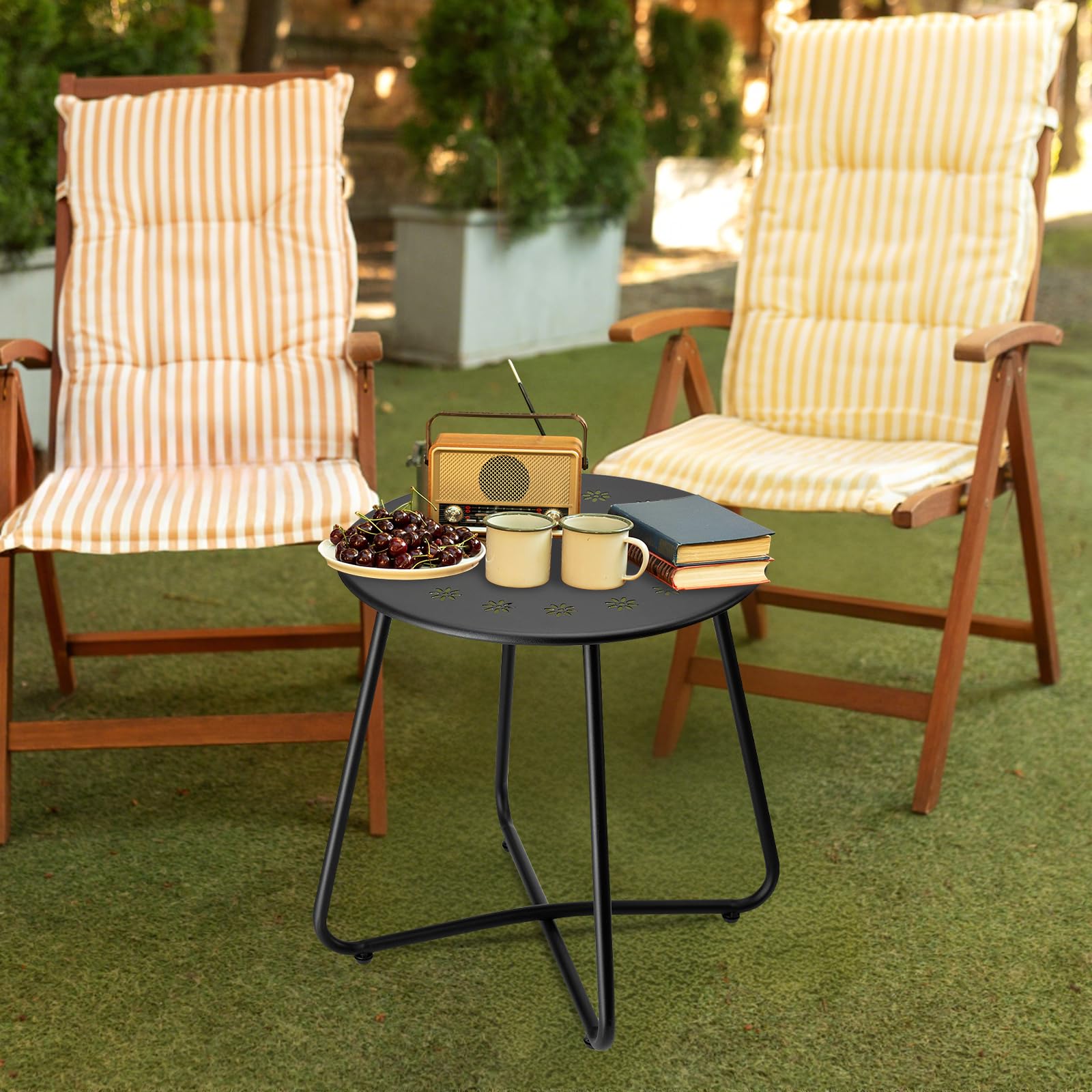 Danpinera outdoor side table in weather resistant steel for year round patio use