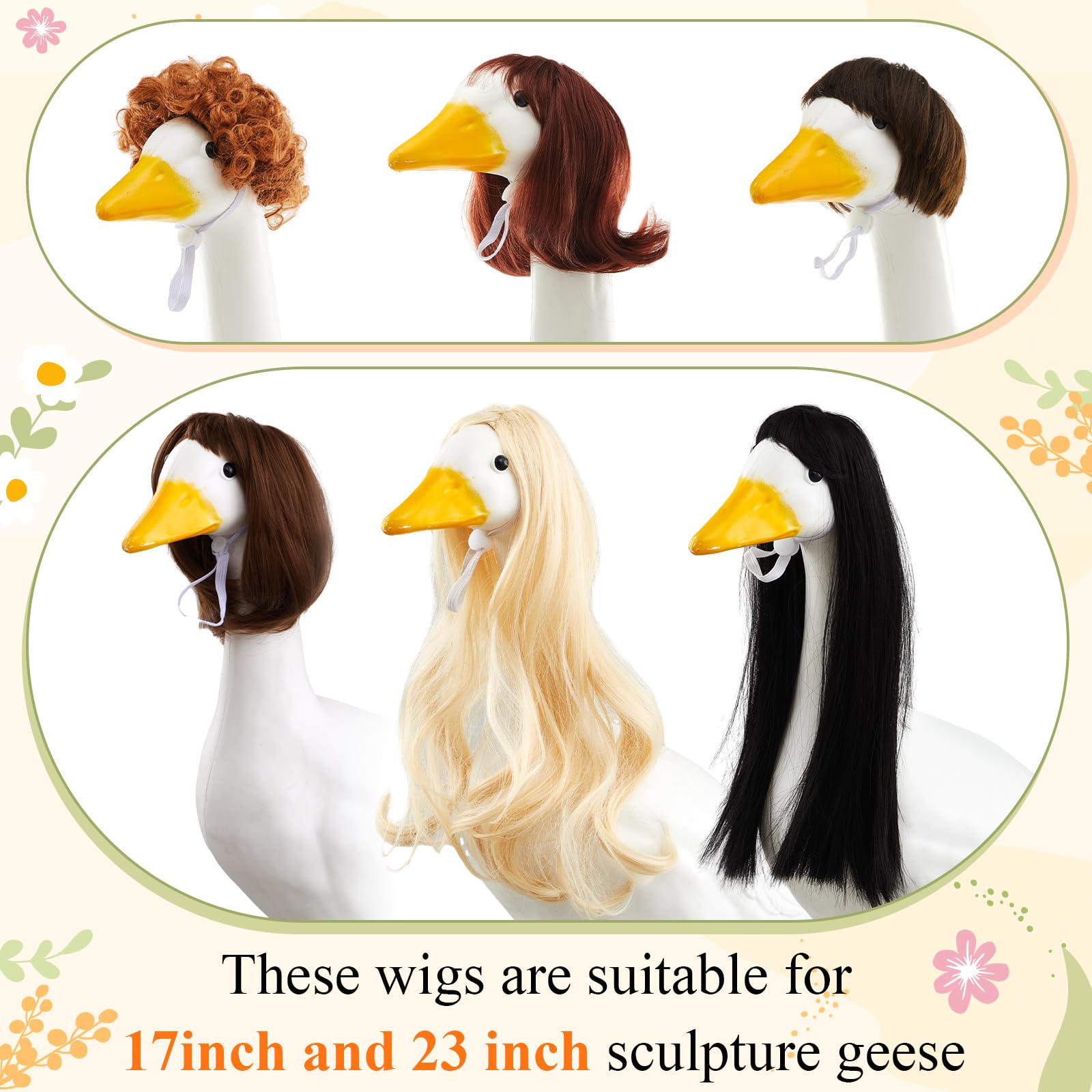 Dansydaisy babydoll style goose wig adds whimsy to garden statues