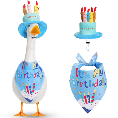 Dansydaisy Happy Birthday Goose Outfit blue hat on lawn goose for festive curb appeal