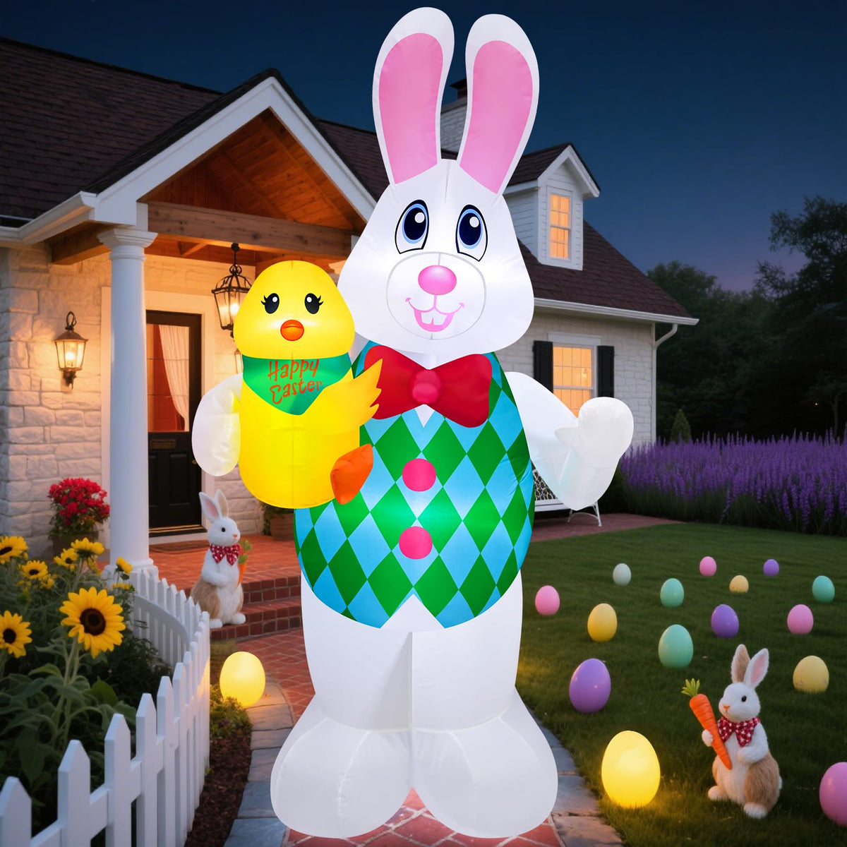 Danxilu Easter inflatable bunny holding chick with LEDs lights up yard