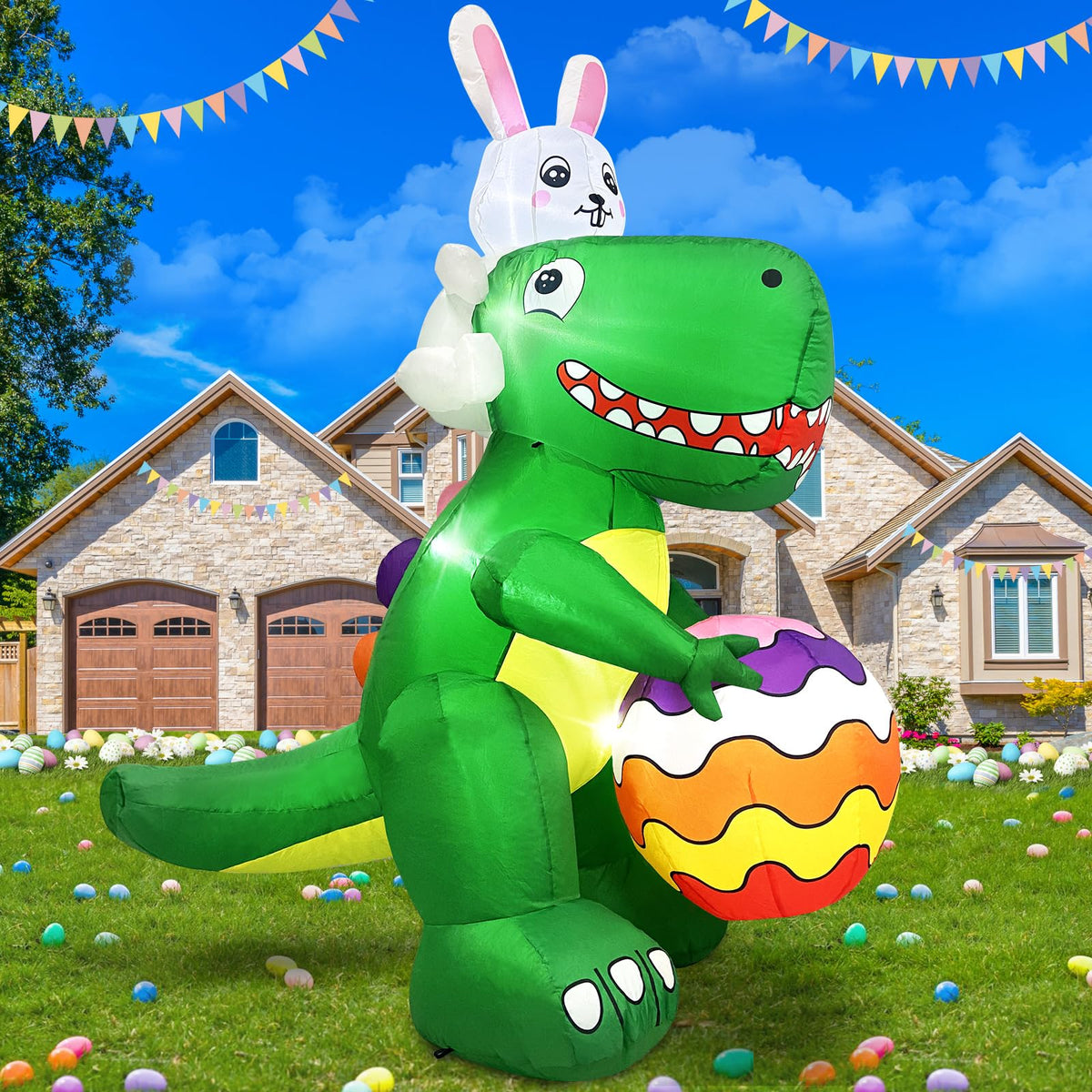 Danxilu Easter inflatable dinosaur with egg on porch for dramatic decor.