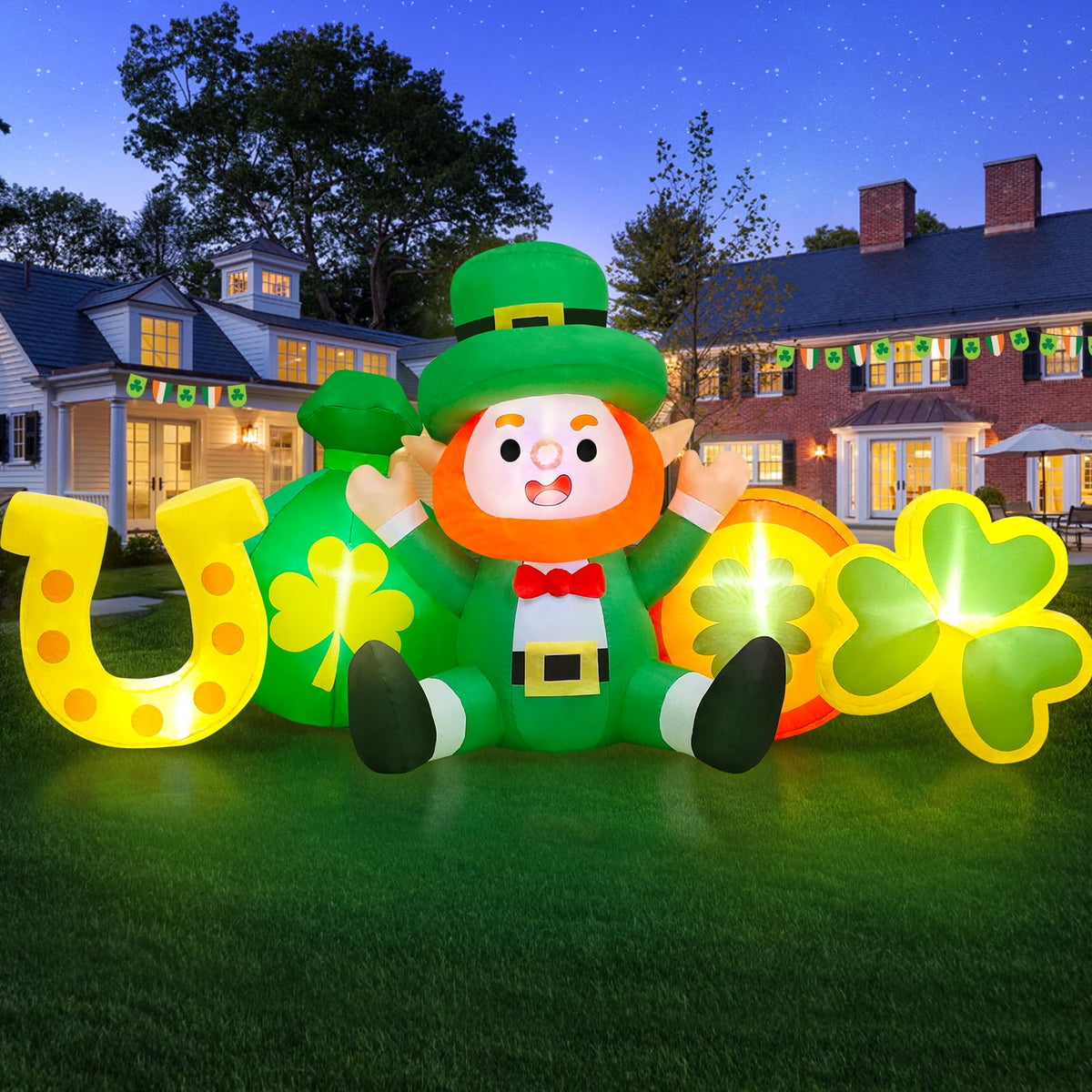 Danxilu leprechaun figure with top hat glows at night for festive curb appeal