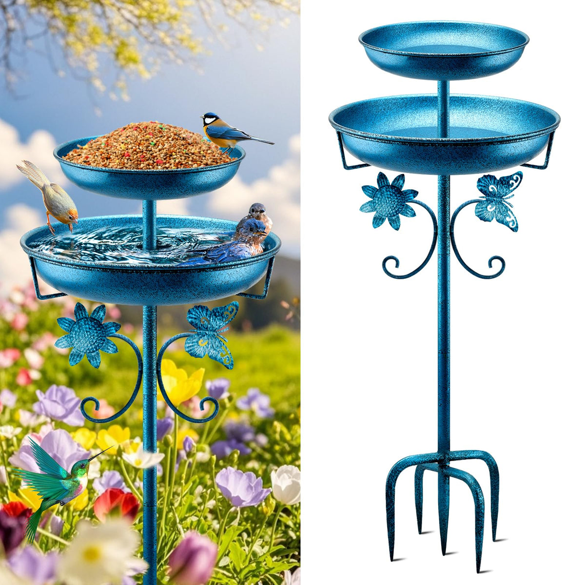 Daoeny blue 42-inch birdbath with dual bowls for water and birds