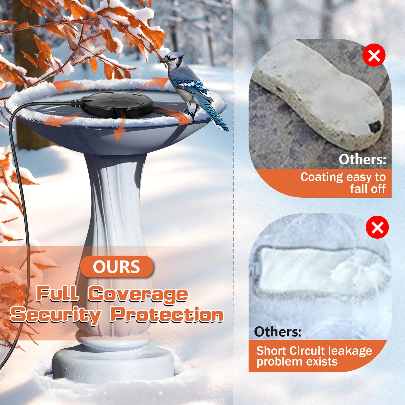 Daoeny bird bath heater fits metal, plastic, stone, or glass baths.