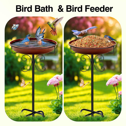 Daoeny brown outdoor bird bath shown in a lush garden setting.