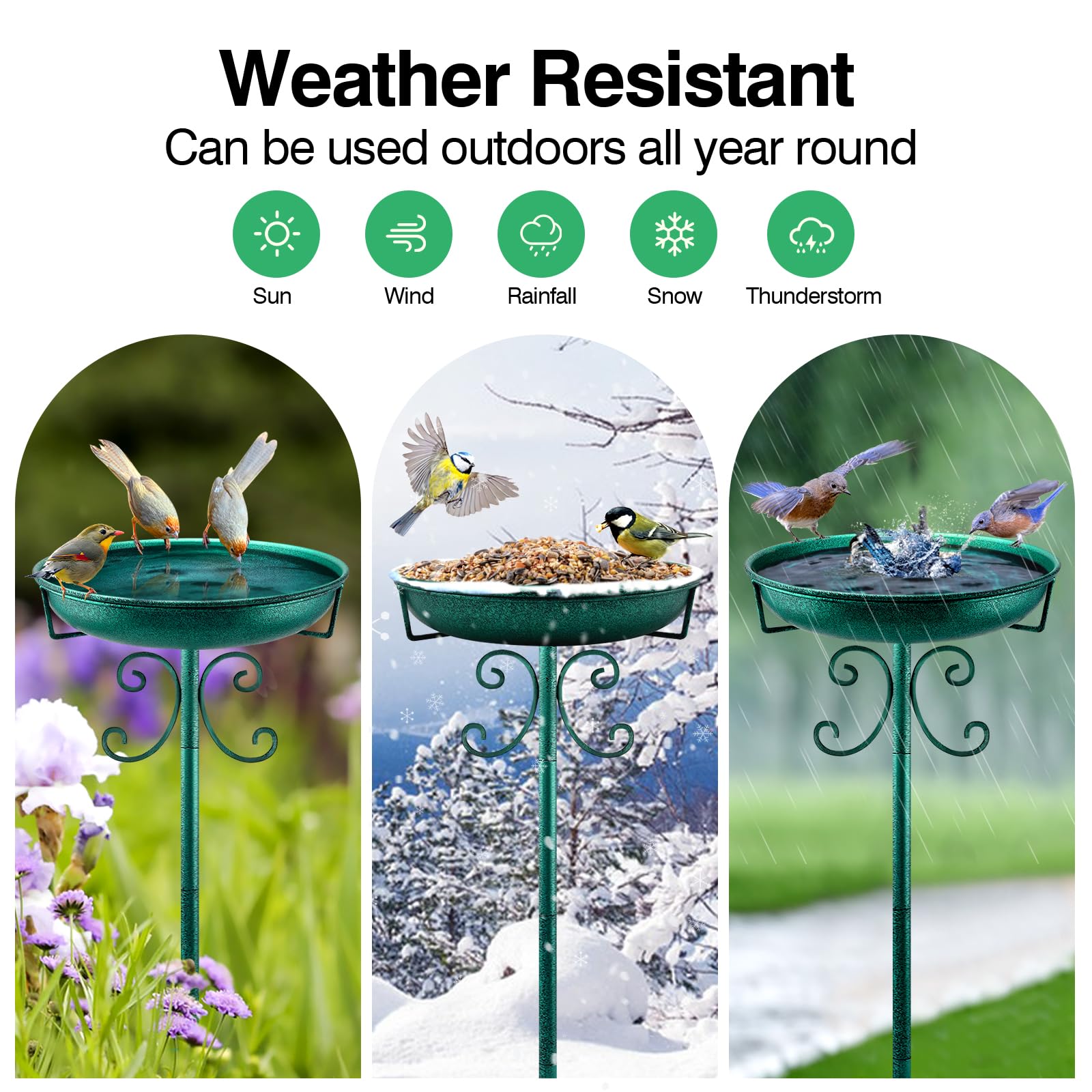 Daoeny green outdoor bird bath blends with garden decor.
