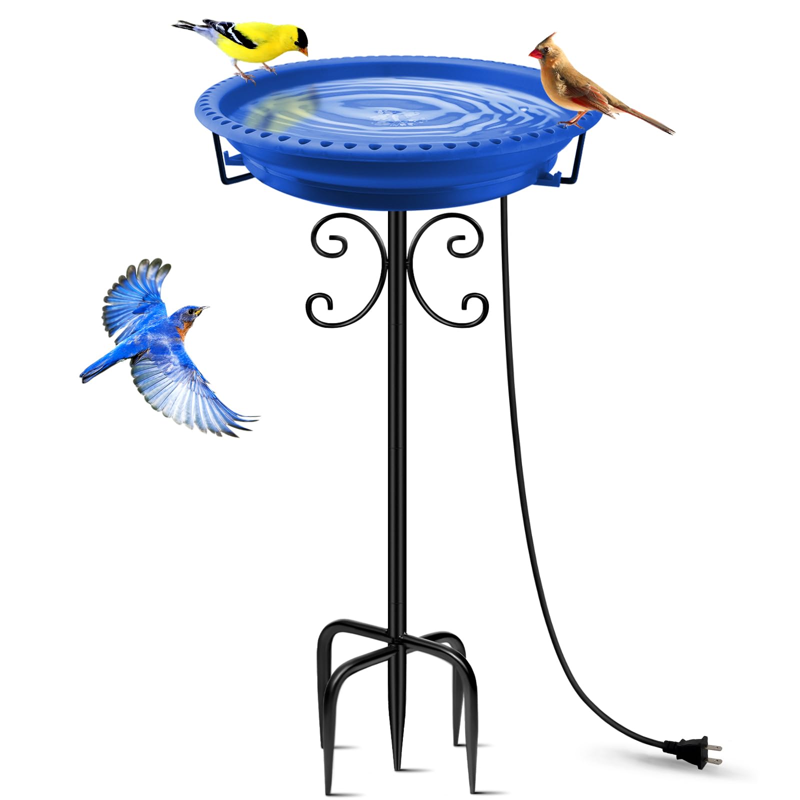 Daoeny heated bird bath blue bowl provides warm water for birds in winter.