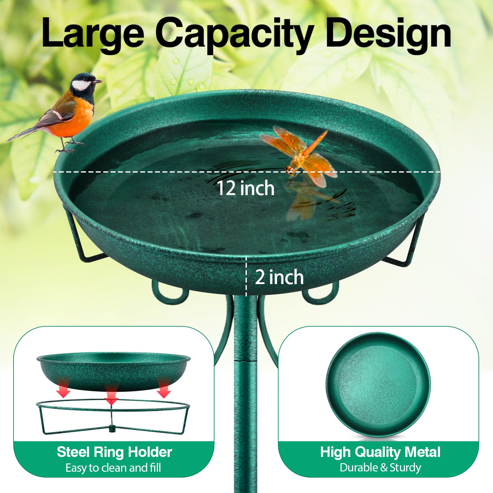 Daoeny metal bird bath bowl shows a generous water dish for birds.