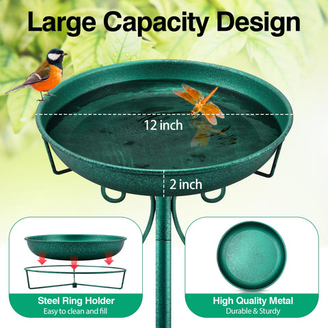 Daoeny metal bird bath bowl shows a generous water dish for birds.