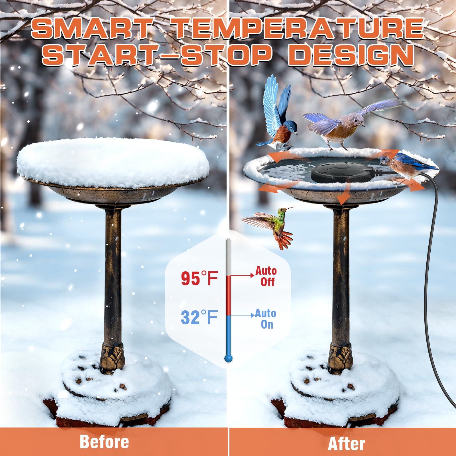 Daoeny thermostatic system maintains warm water safely for birds during winter.