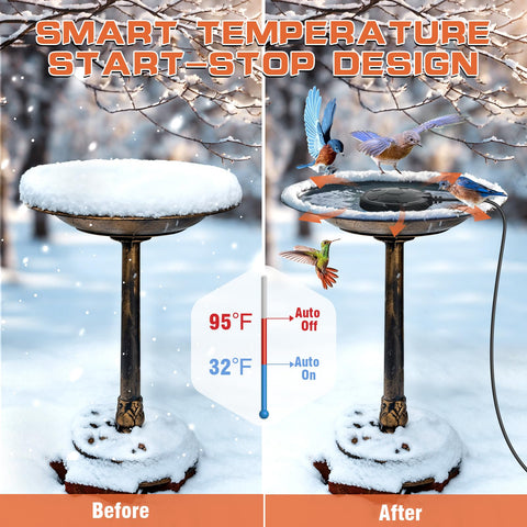 Daoeny thermostatic system maintains warm water safely for birds during winter.