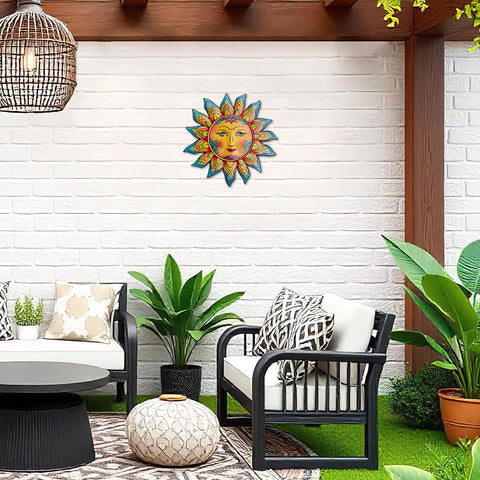 Daogtc sun face wall decor adds a cozy glow to any outdoor wall.