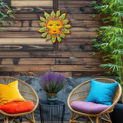 Daogtc metal sun decor on a bedroom wall creates a warm focal point.