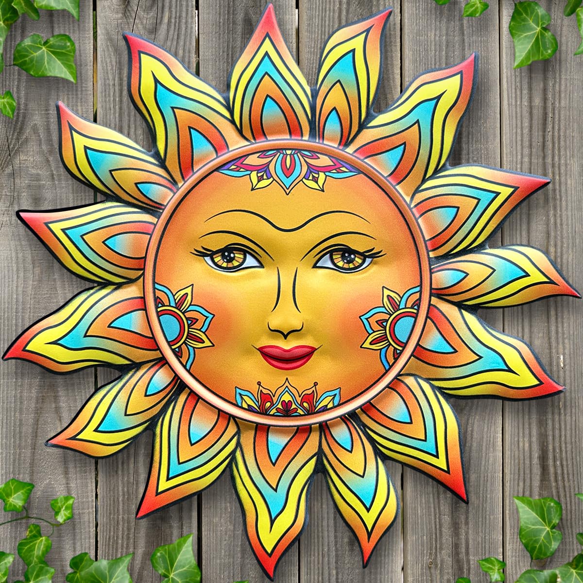 Daogtc metal sun wall decor close-up face detail adds warm ambience to any living room.