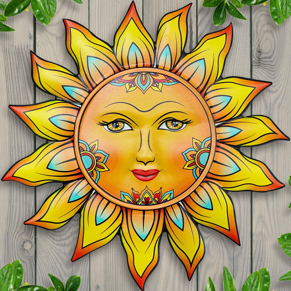 Daogtc sun flower wall decor front view showcases sun-inspired design for outdoor charm.