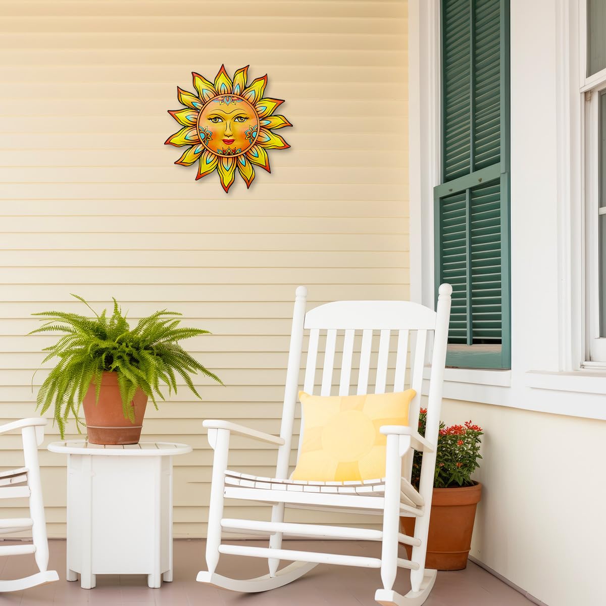 Daogtc sun flower wall decor weatherproof iron construction endures outdoor conditions.