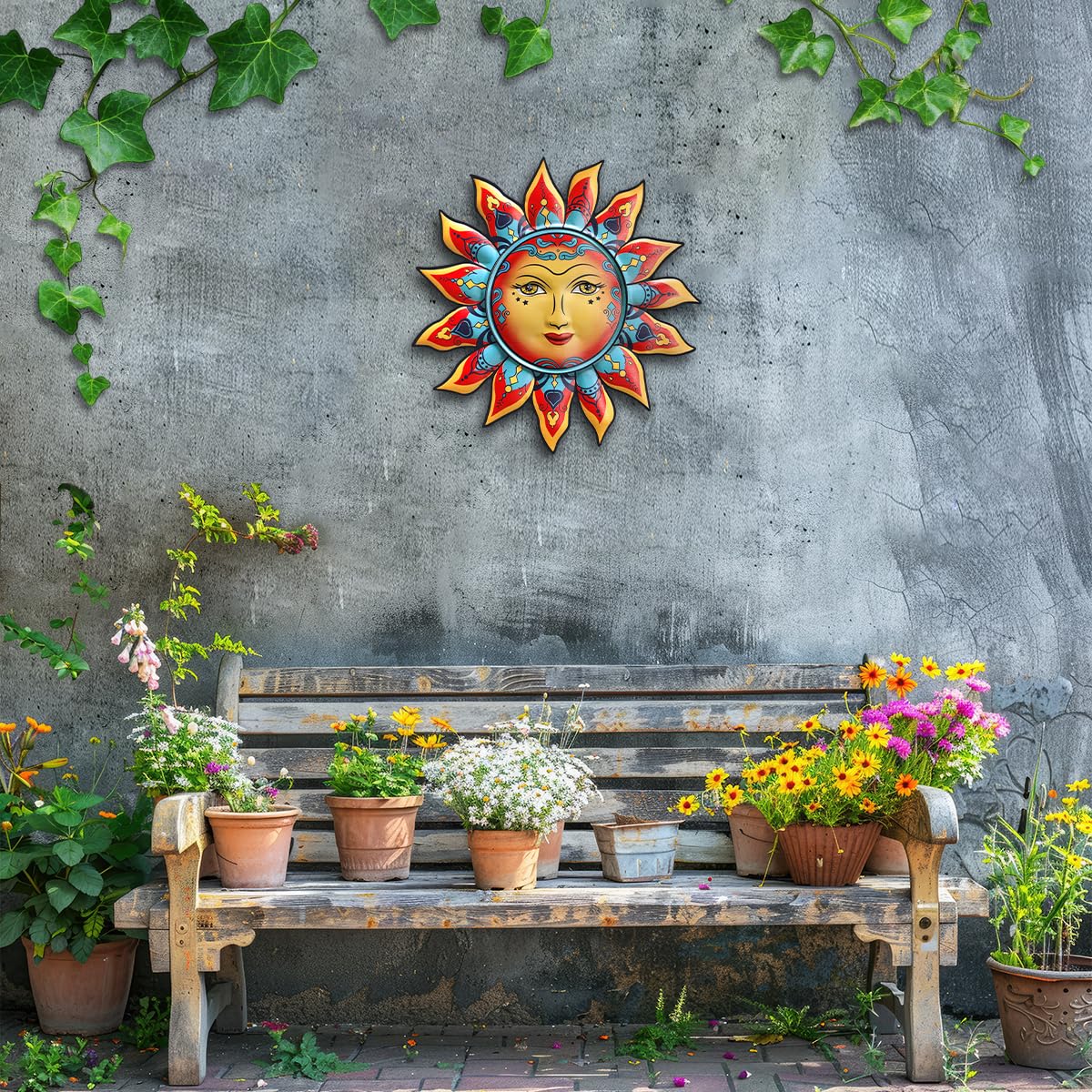 Daogtc Sun Wall Decor petals flames evoke sunflower energy outdoors.