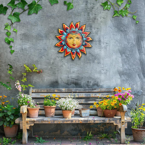 Daogtc Sun Wall Decor petals flames evoke sunflower energy outdoors.