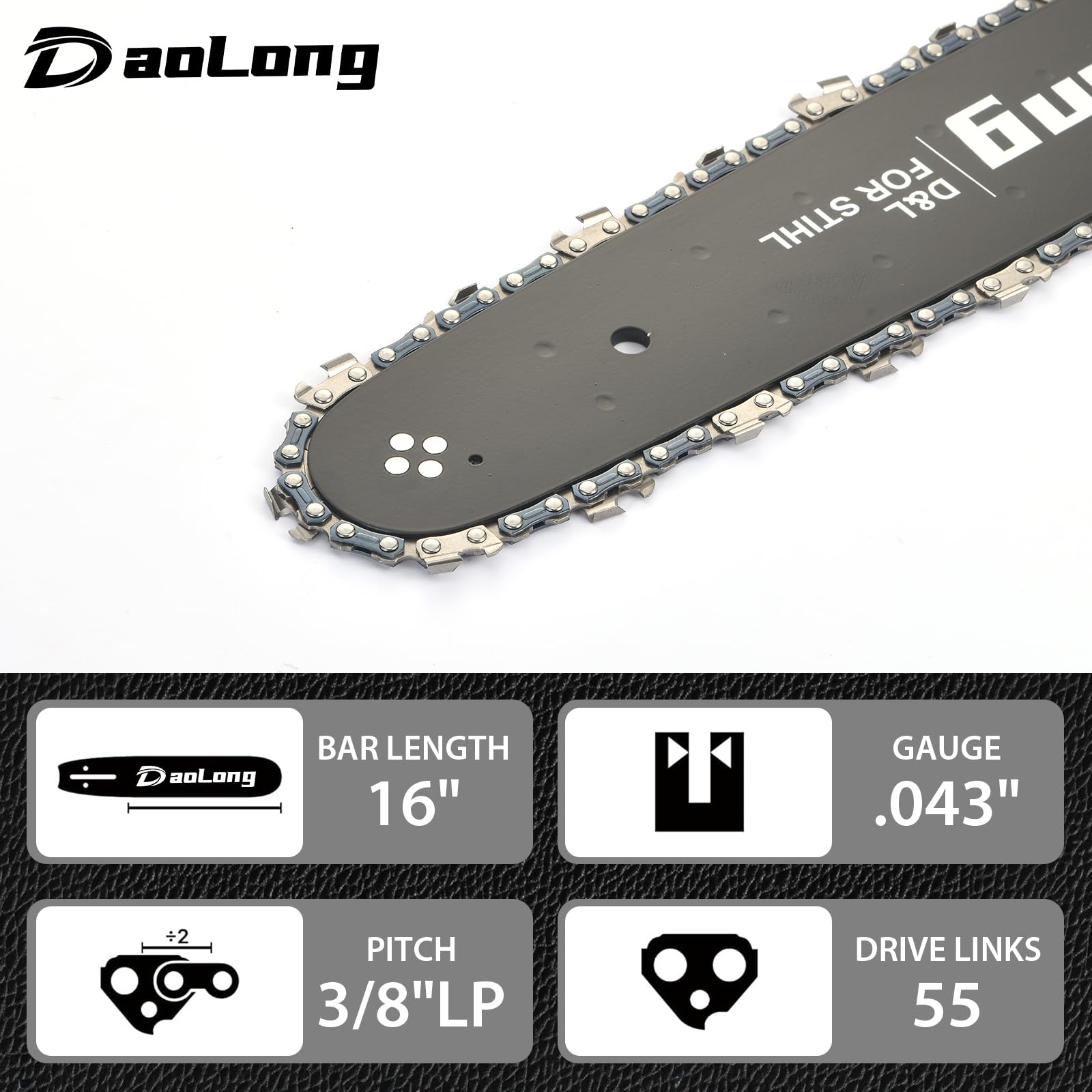 DAOLONG 043 gauge, 3/8 LP pitch chains for smooth cutting.
