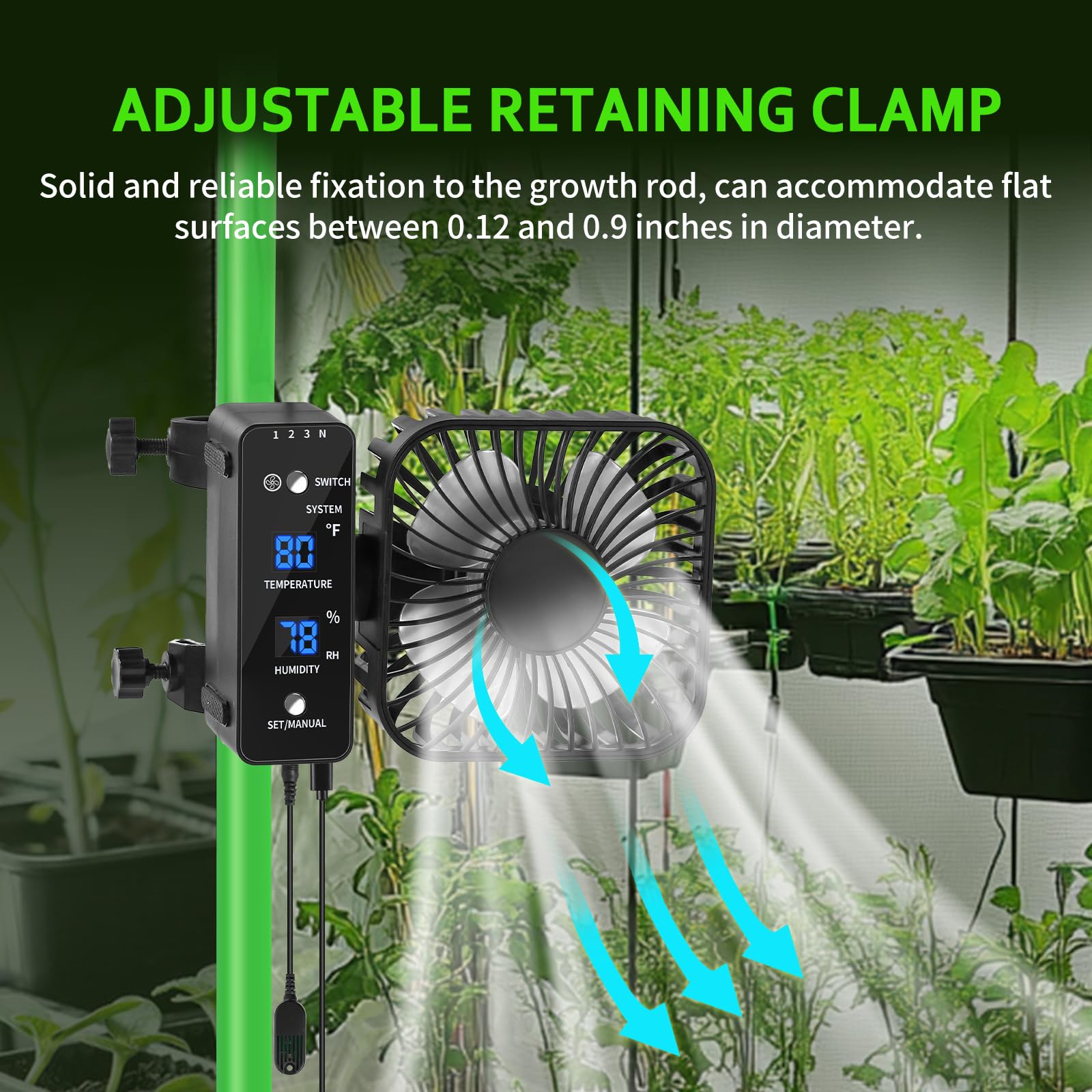 DAOTAILI grow tent fan LCD display shows precise temperature and humidity readings