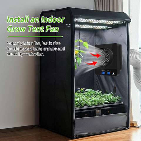 DAOTAILI grow tent fan LCD display shows real-time temperature and humidity.