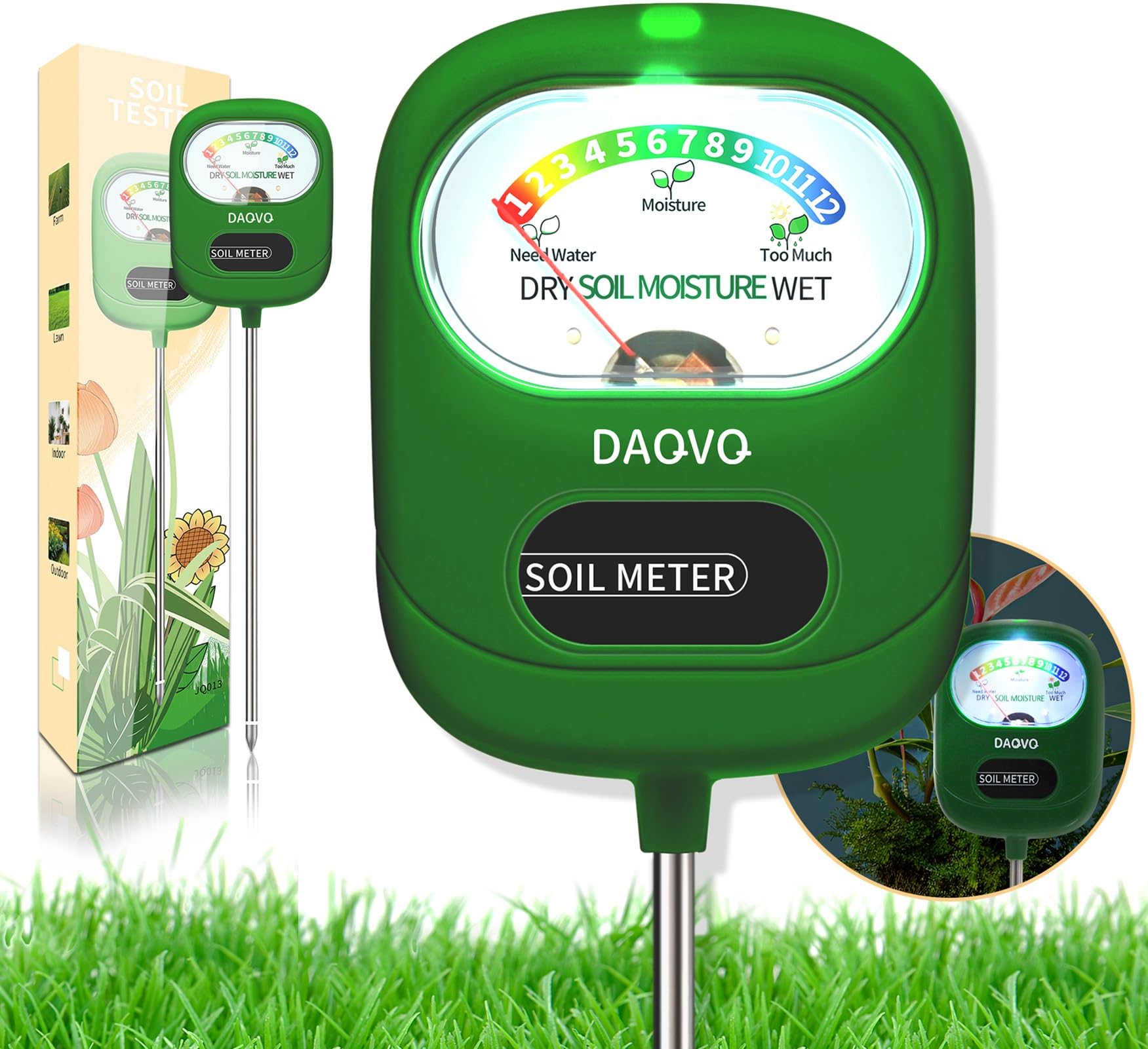 DAQVQ soil moisture meter with large screen for easy readings indoors and outdoors