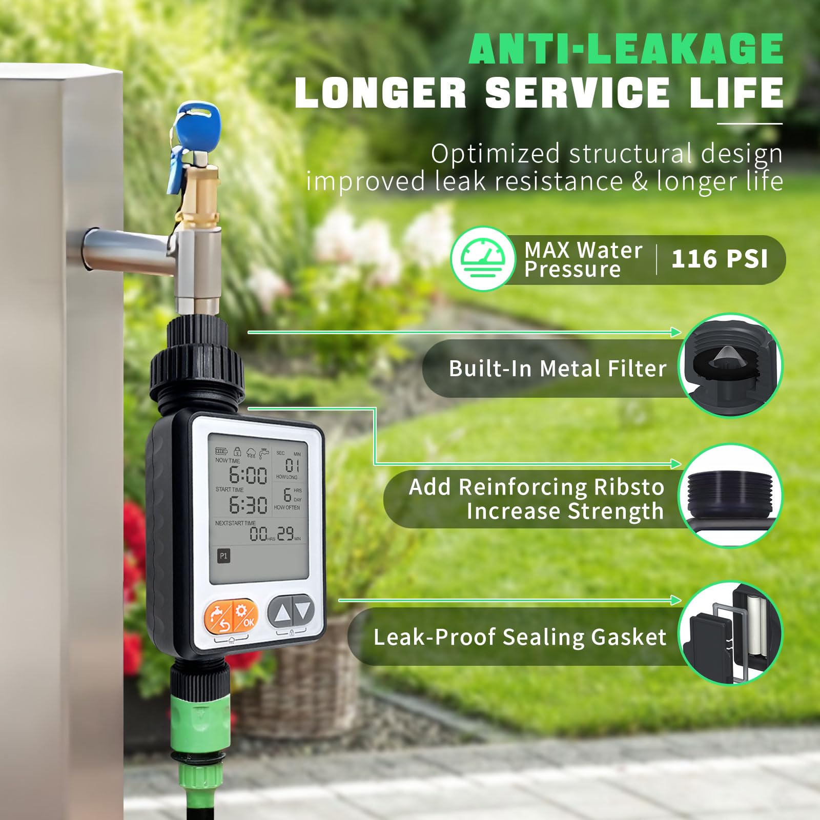 Dardarouxiao Sprinkler Timer includes child lock for safety.