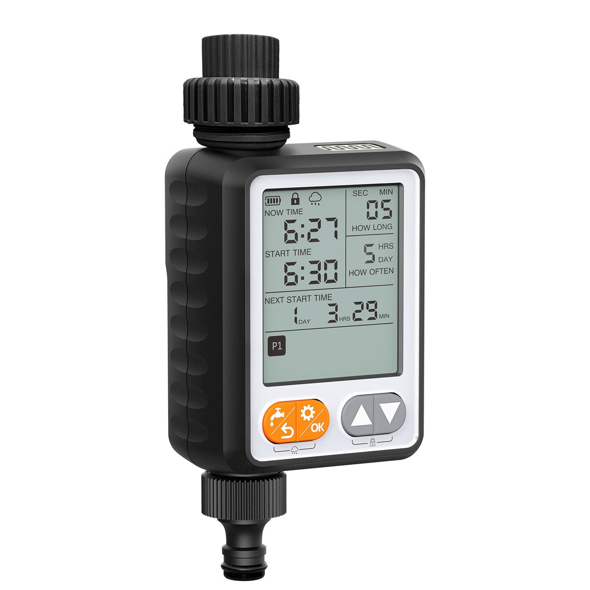 Dardarouxiao Sprinkler Timer with a large 3.3-inch LCD display for easy scheduling.