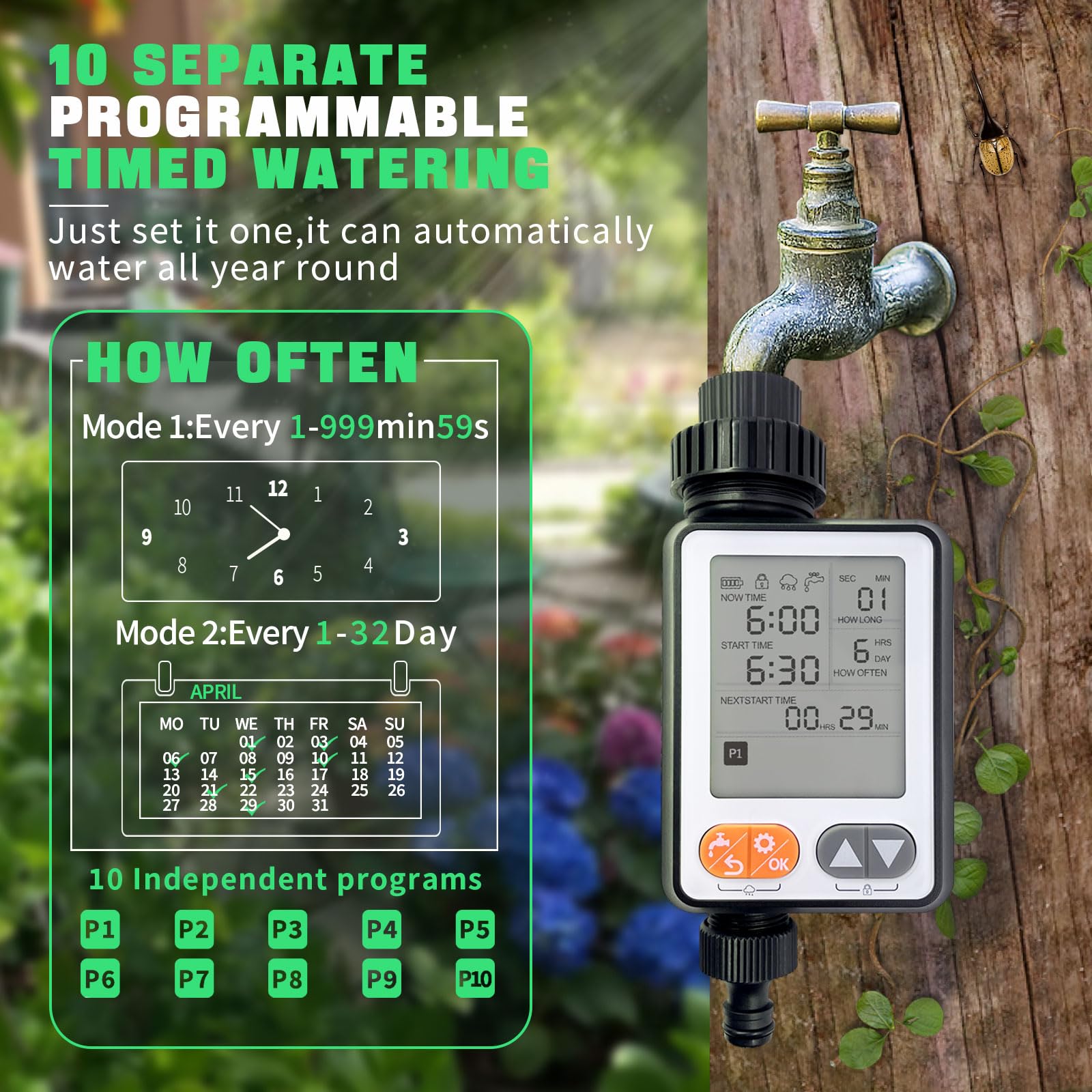 Dardarouxiao Sprinkler Timer highlighting rain delay to save water.
