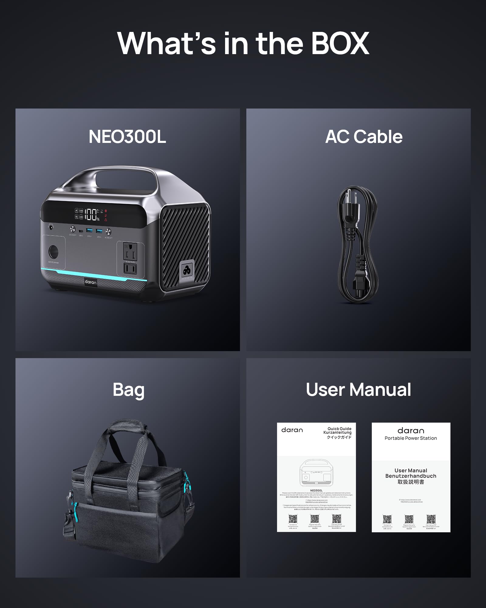 DARAN NEO300L box contents including storage bag and manual.