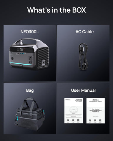 DARAN NEO300L box contents including storage bag and manual.