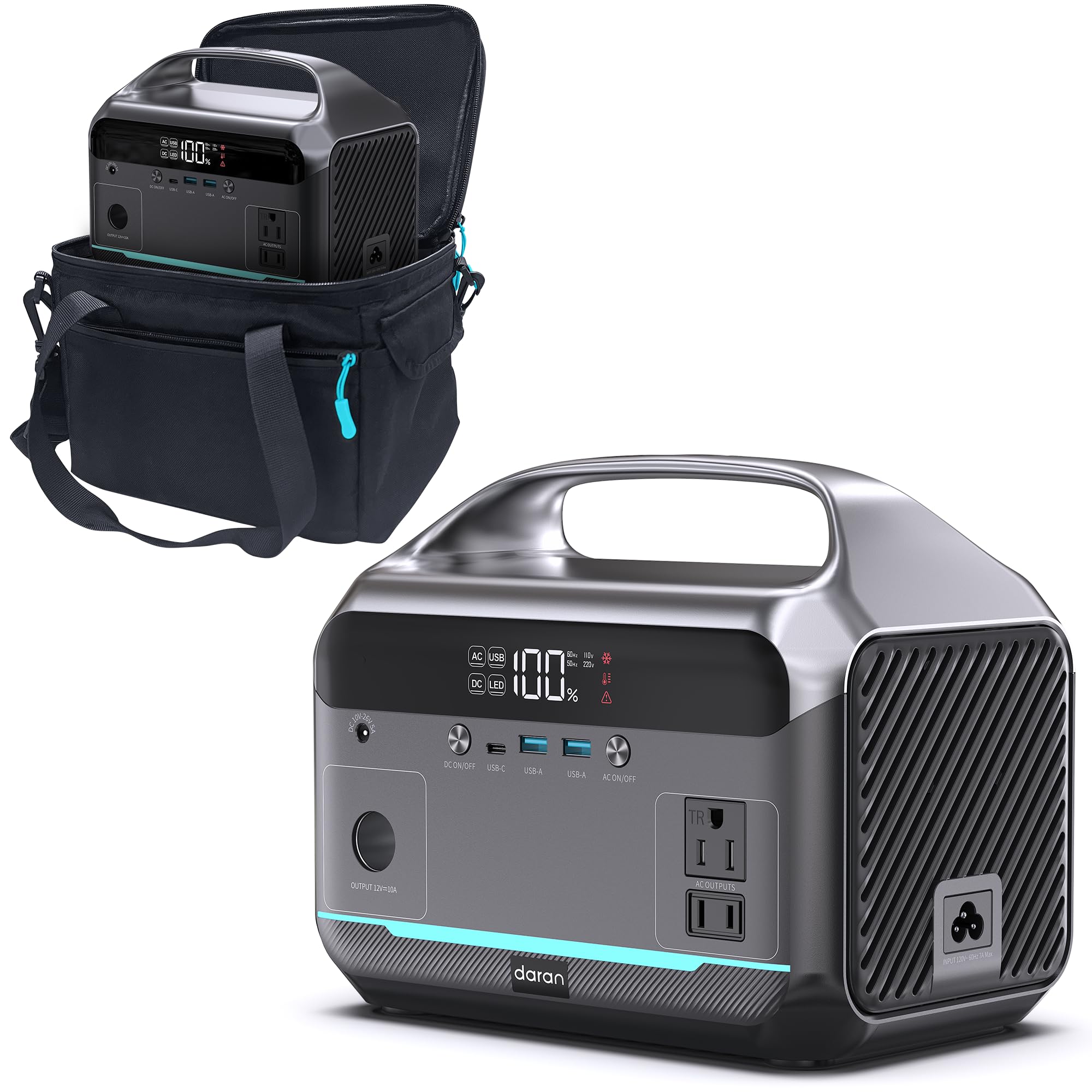 DARAN NEO300L power station front view with dual outlets for backup power.