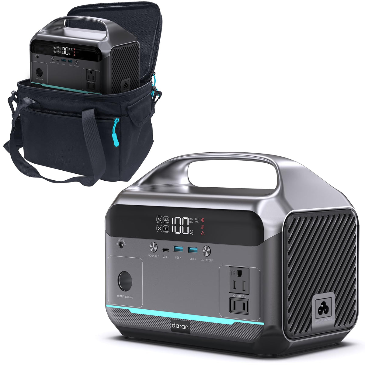 DARAN NEO300L power station front view with dual outlets for backup power.