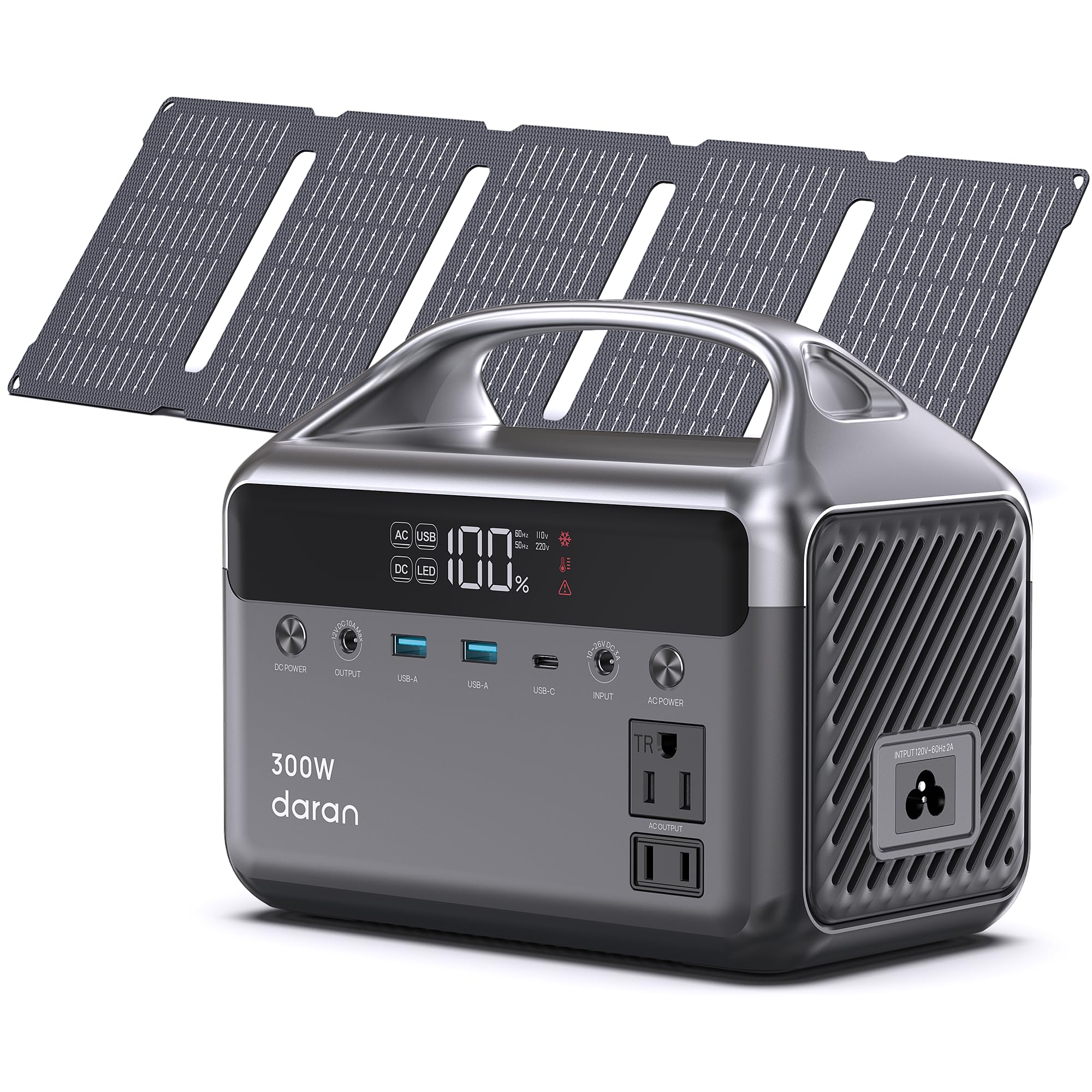 DARAN portable power station 300W with 192Wh LiFePO4 powering devices on a camping table