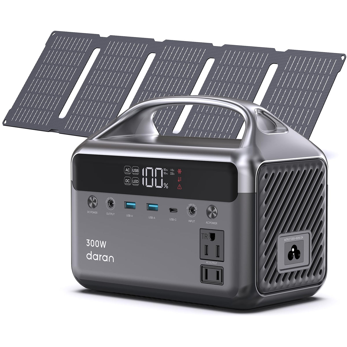 DARAN portable power station 300W with 192Wh LiFePO4 powering devices on a camping table