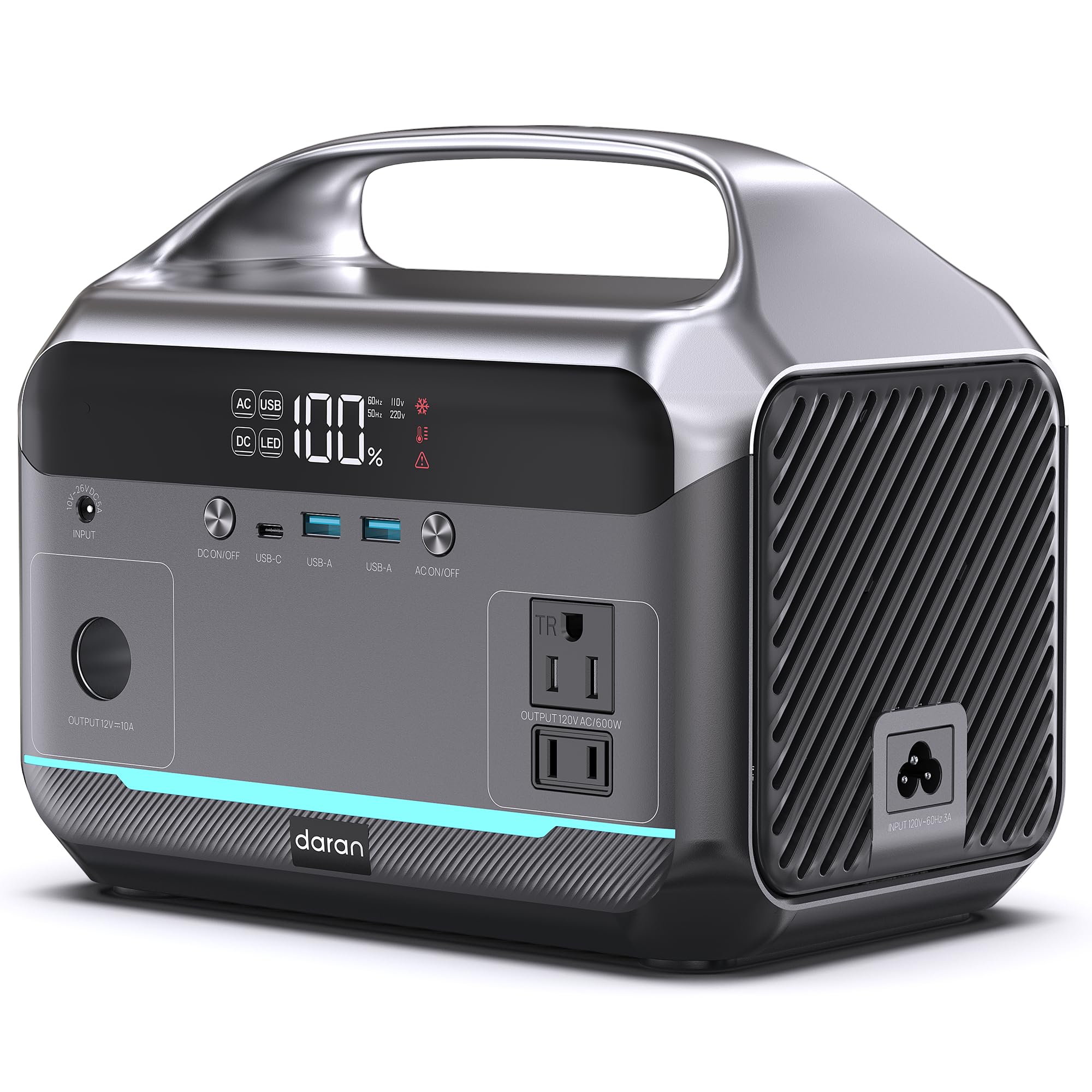 DARAN portable power station front view showing compact design and handle