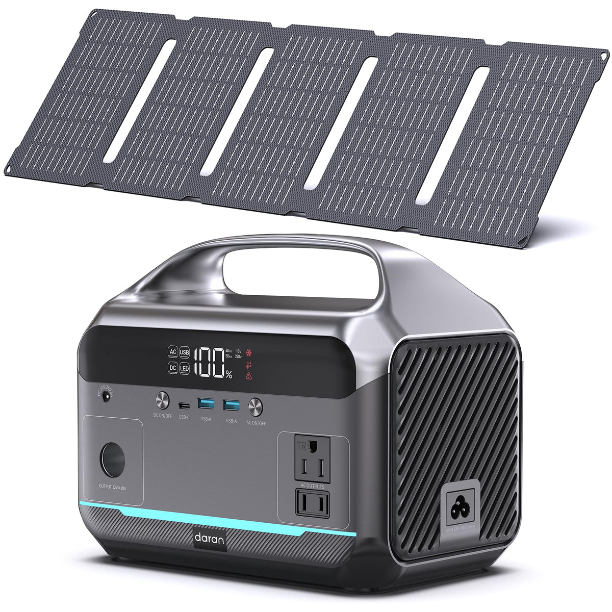 DARAN portable power station powers essentials outdoors with 60W solar panel.