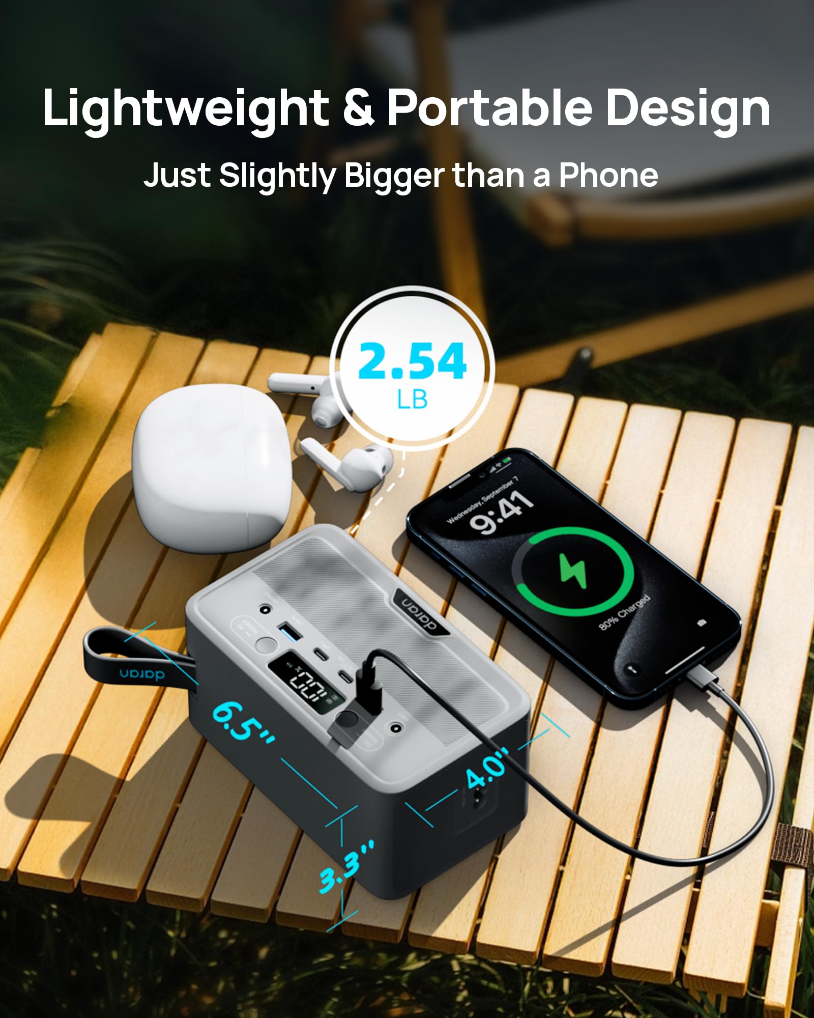 Daran portable power station fast-charging-display shows status and remaining power at a glance