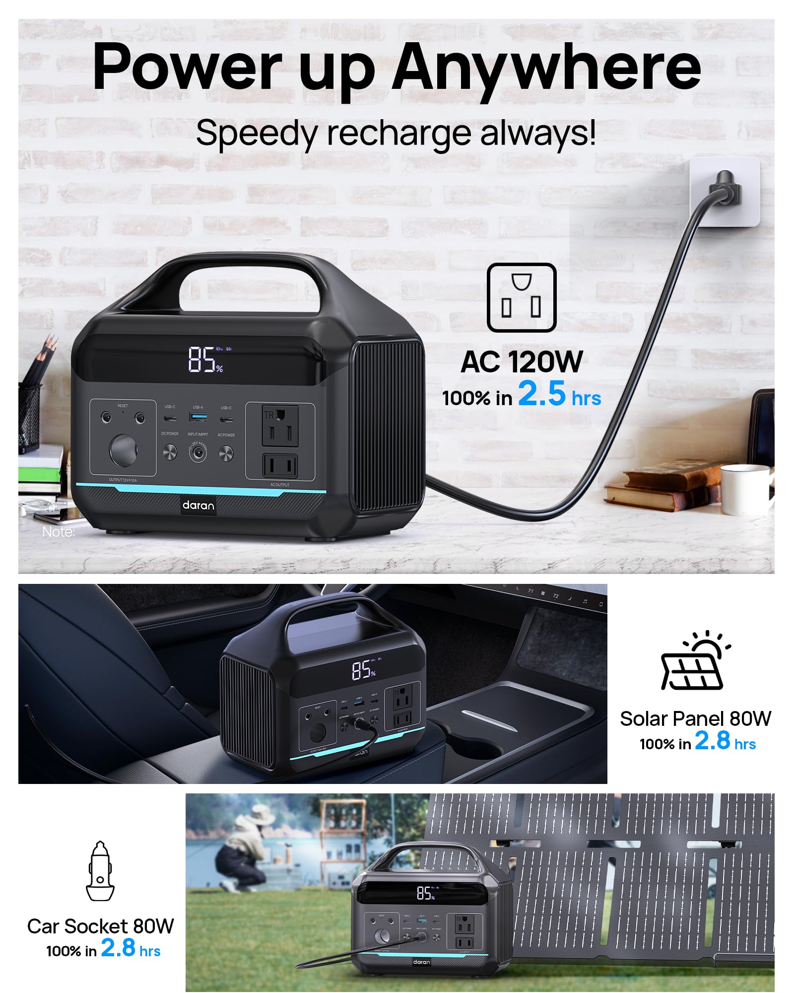 Recharge progress shows 80% in 2 hours with AC input