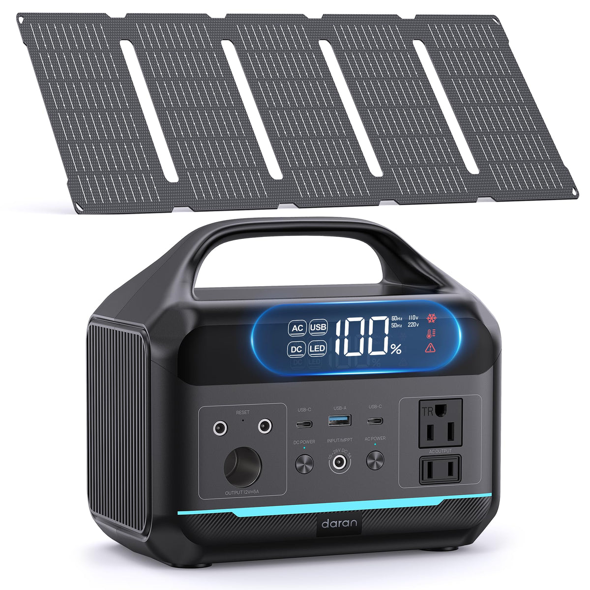 DARAN solar generator front view with included panel for portable outdoor power