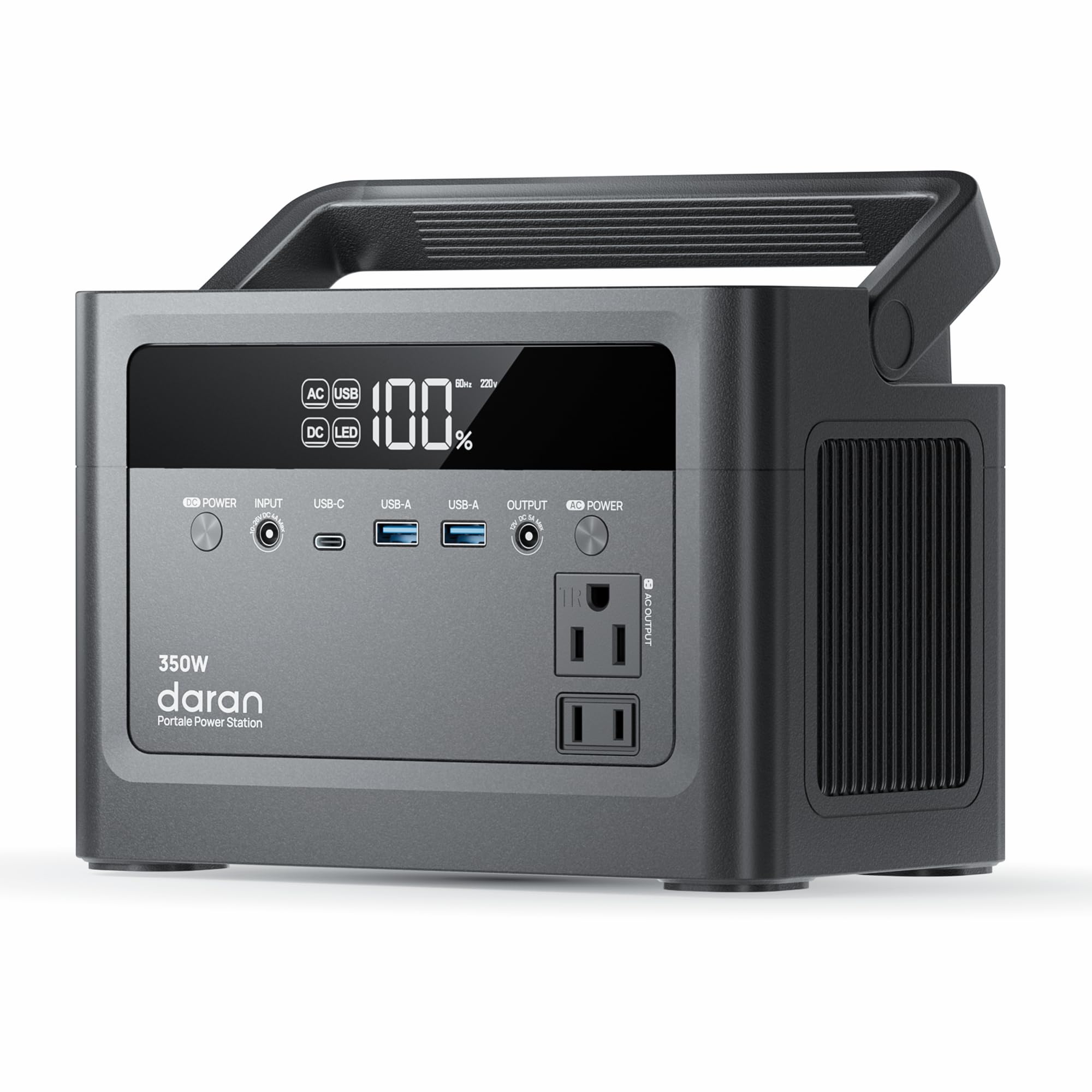 DaranEner Cubus 350L front view, compact portable power station for camping and emergencies.