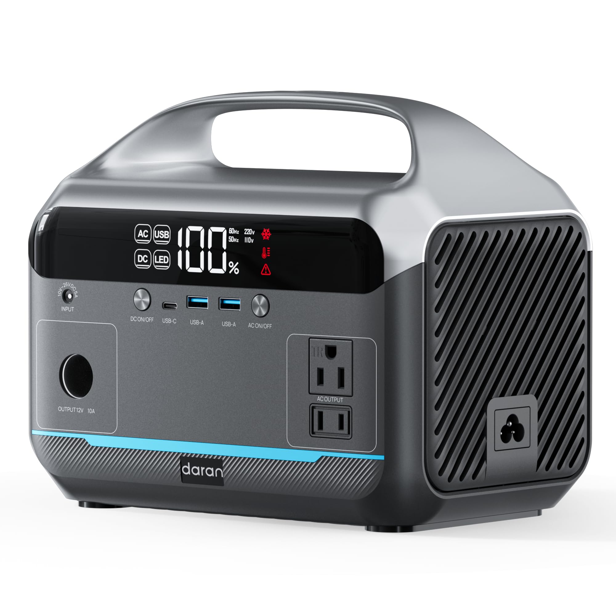 DaranEner portable power station with dual 600W outlets powering a laptop outdoors.