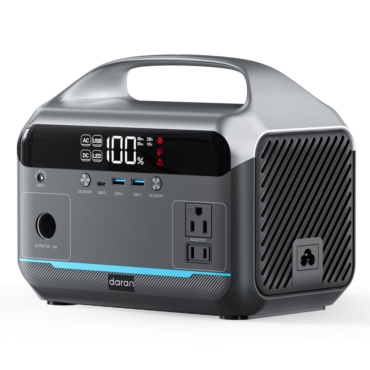 DaranEner portable power station with dual 600W outlets powering a laptop outdoors.
