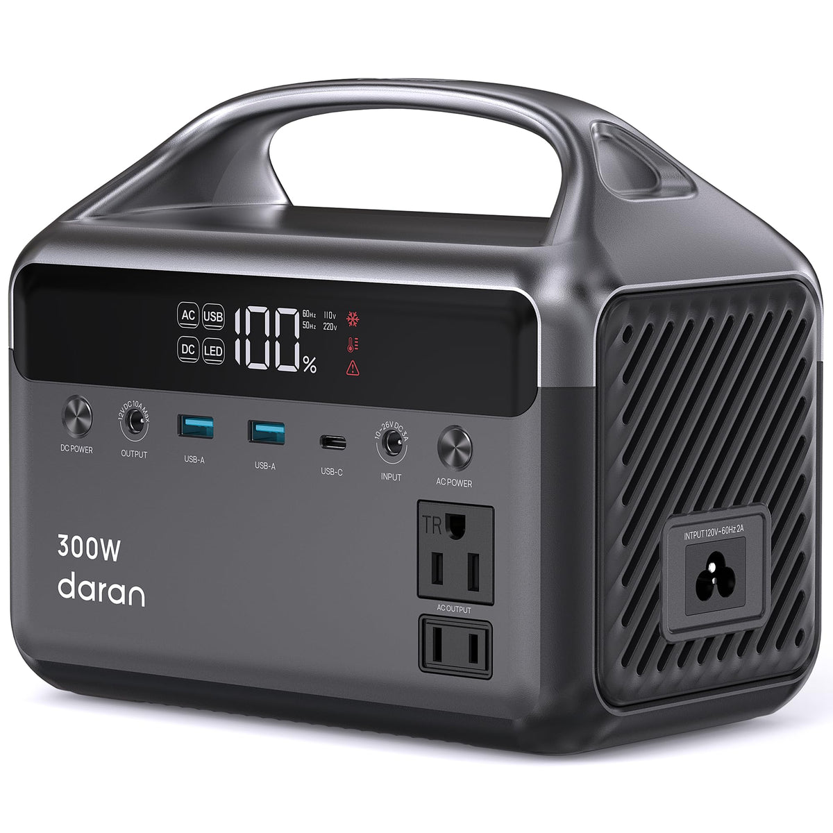 DaranEner portable power station front view highlighting compact design for travel.