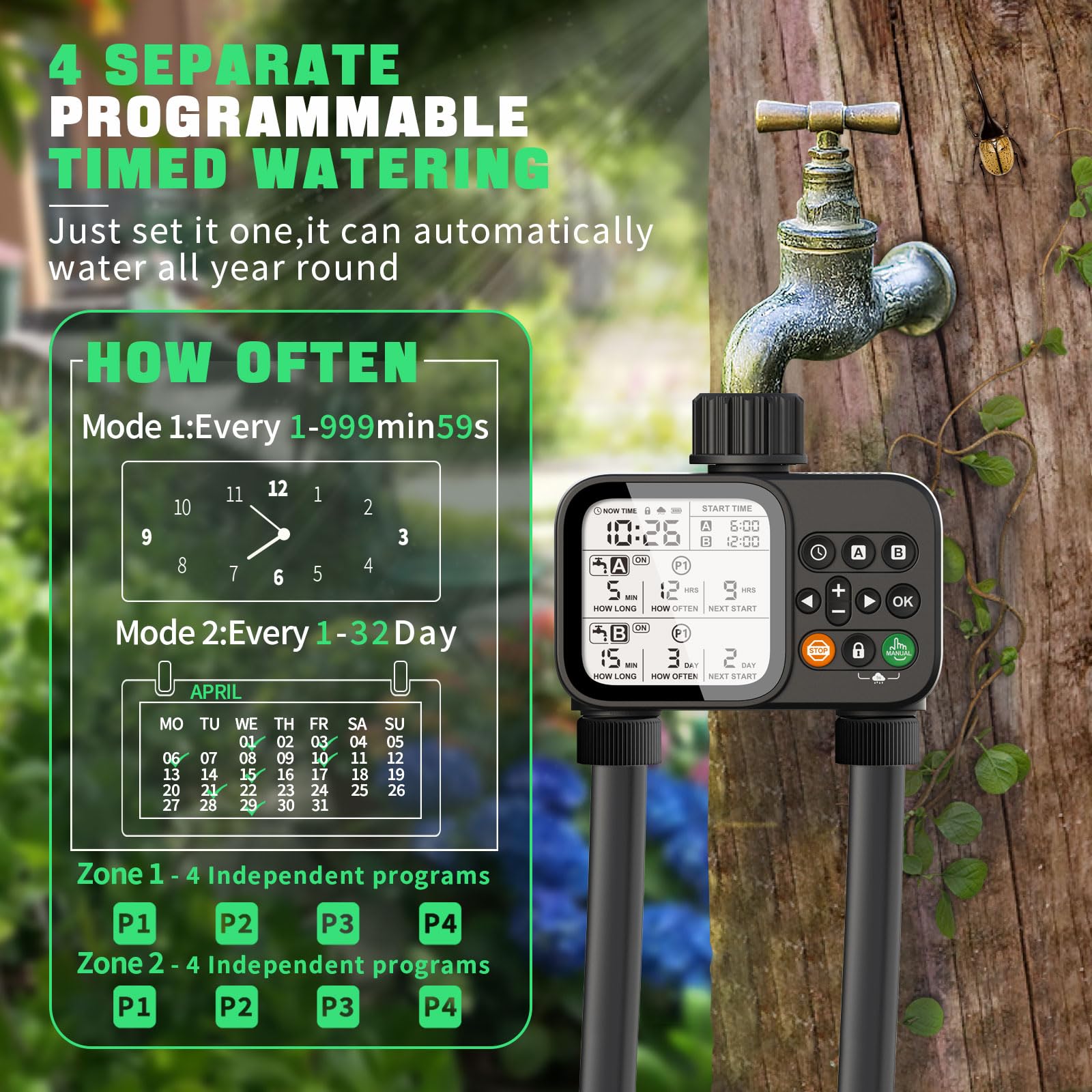 Dardarouxiao timer shows flow rate and zone settings for precise watering.