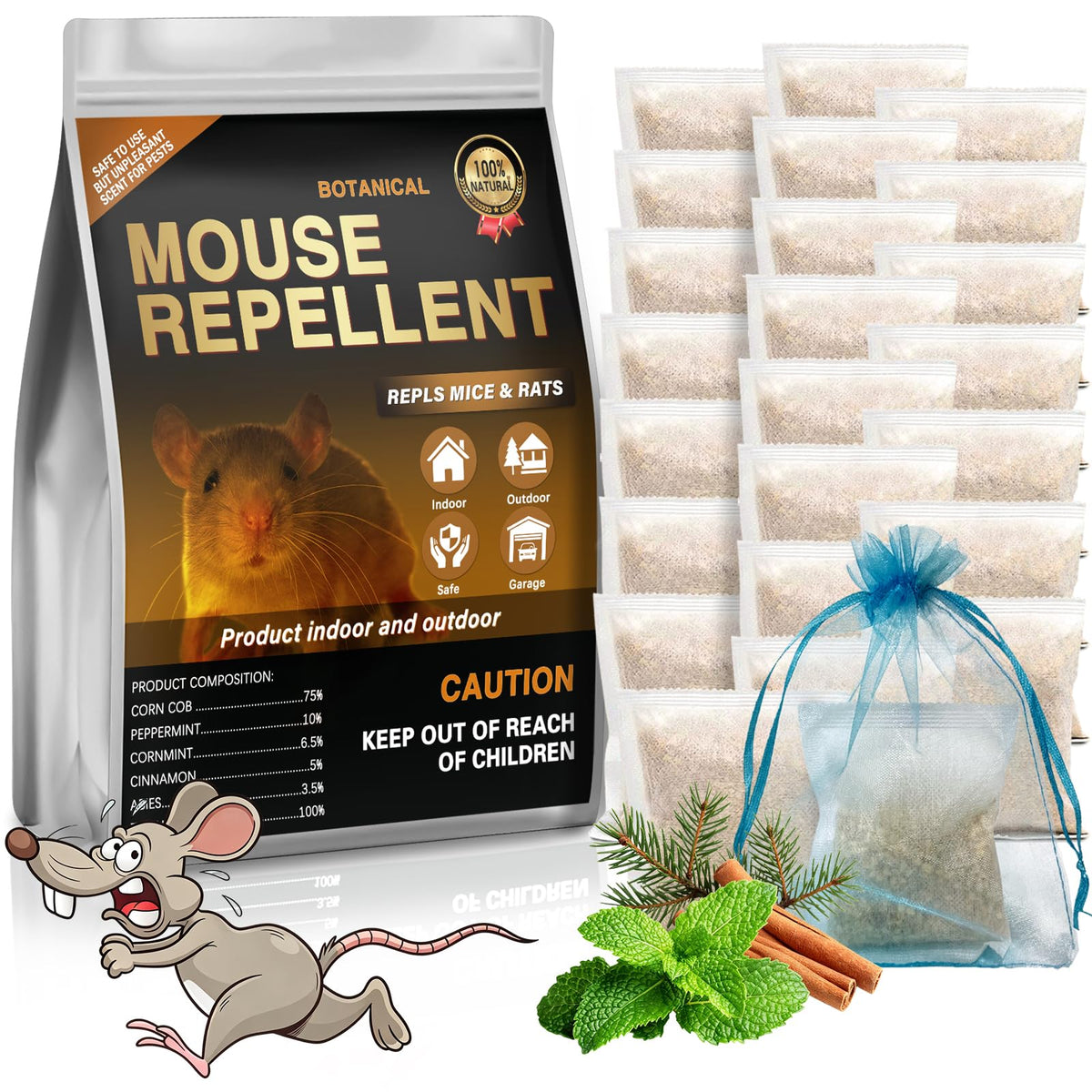 Dark Master mouse repellent pouches packaging shows a non-toxic deterrent safe for humans and pets.