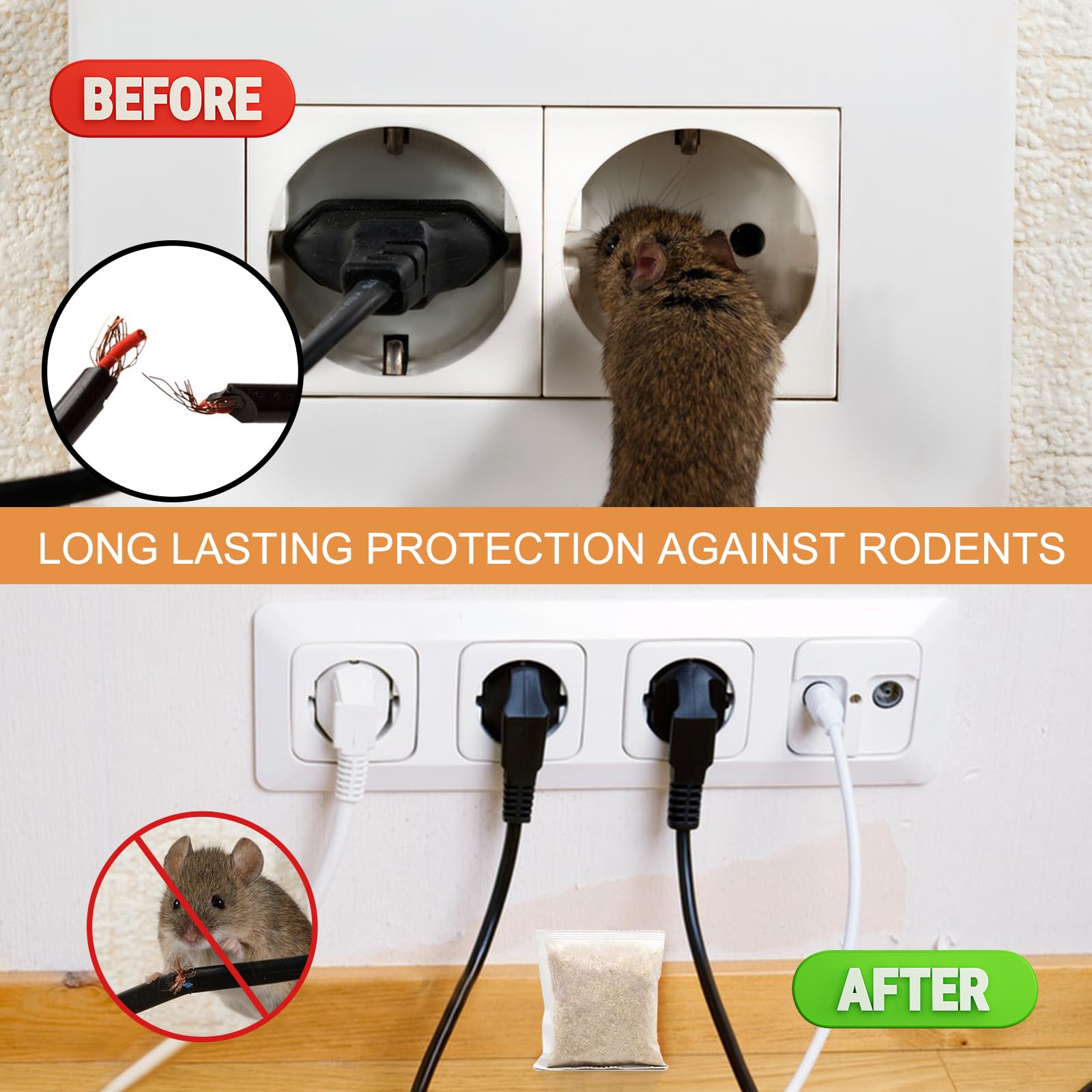 Dark Master pouches in garage storage marking wide coverage for rodents.